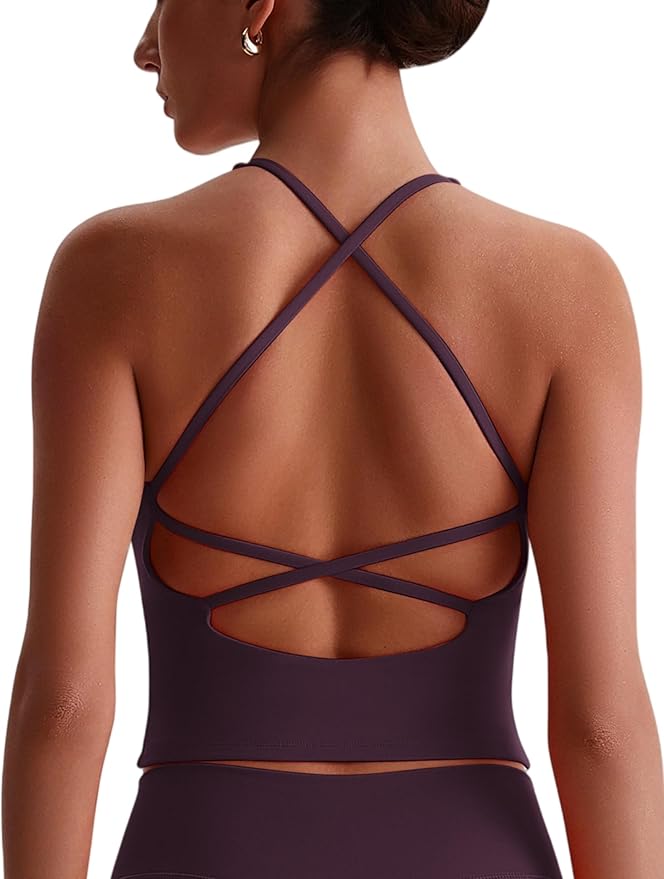 ABOCIW Womens Cross Back Workout Crop Tank with Built in Bra V Neck Longline Sports Bra Gym Shirt Yoga Pilates Top