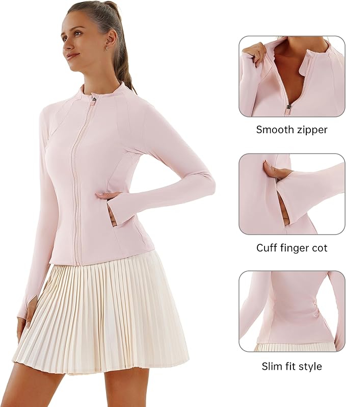 Women Jacket Full Zip UP Workout Athletic Cropped Jacket wIth Thumb Holes Running Yoga Sportswear