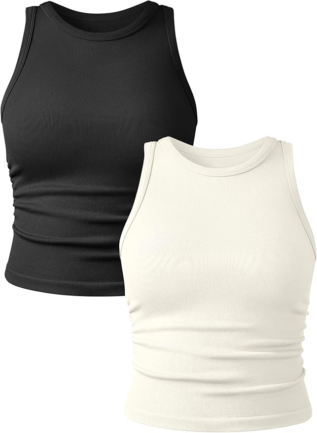 YIOIOIO Women's 2 Pieces Basic Seamless Tank Tops Sleeveless Crew Neck Workout Exercise Crop Camis