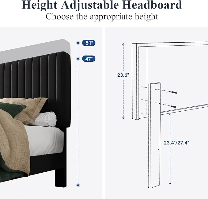 Allewie Queen Bed Frame, Velvet Upholstered Platform Bed with Vertical Channel Tufted Headboard, Mattress Foundation with Strong Wooden Slats, Box Spring Optional, Easy Assembly, Black