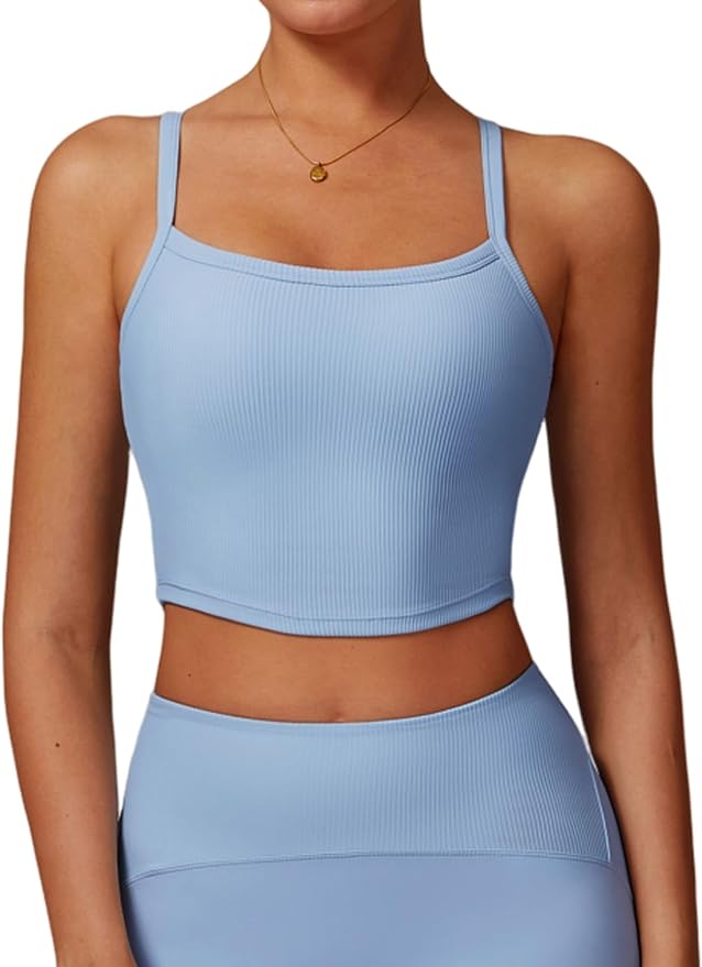 QBGJTD Womens Longline Sports Bras Cross Back Active Gym Yoga Padded Workout Crop Tank Top with Built in Bra