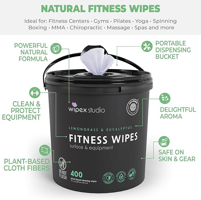 Wipex Fitness Wipes for Equipment Bundle - EWG Verified - Get 2 Buckets (1) Lemongrass & (1) Lavender Plant-Based Gym Equipment Wipes, Clean Surfaces & Mats, Safe Gym & Peloton Bike Cleaner