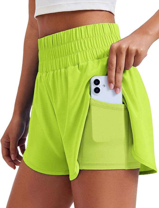 PINSPARK Women's 2 in 1 Running Shorts High-Split Athletic Short High Waisted 3" Liner Workout Gym Short with Pockets