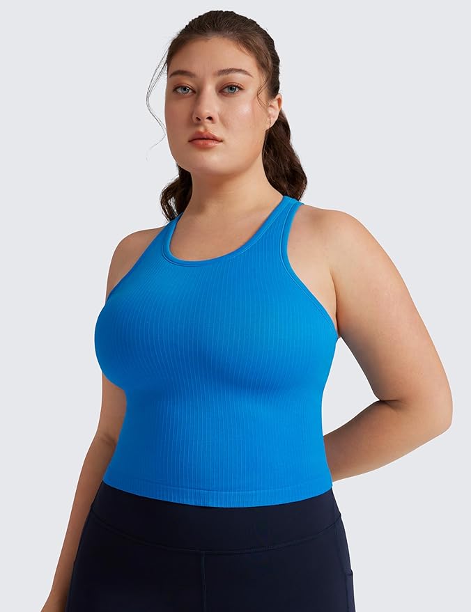 CRZ YOGA Seamless Ribbed High Neck Crop Tank Tops for Women - Longline Racerback Padded Sports Bras