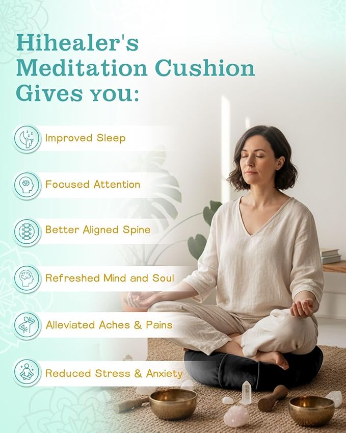 Hihealer Premium Meditation Cushion - Comfortable Floor Pillow for Adult Traditional Crescent Meditation Pillow Yoga Buckwheat Bolster (Black)