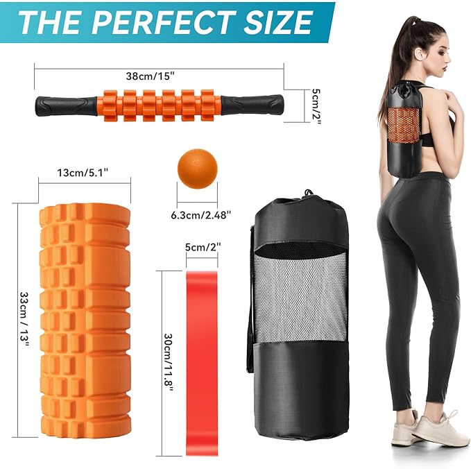 Krightlink 5 in 1 Foam Roller Set for Deep Tissue Muscle Massage, Trigger Point Fitness Exercise Foam Roller, Massage Roller, Massage Ball, Stretching Strap, for Whole Body (Orange Black)