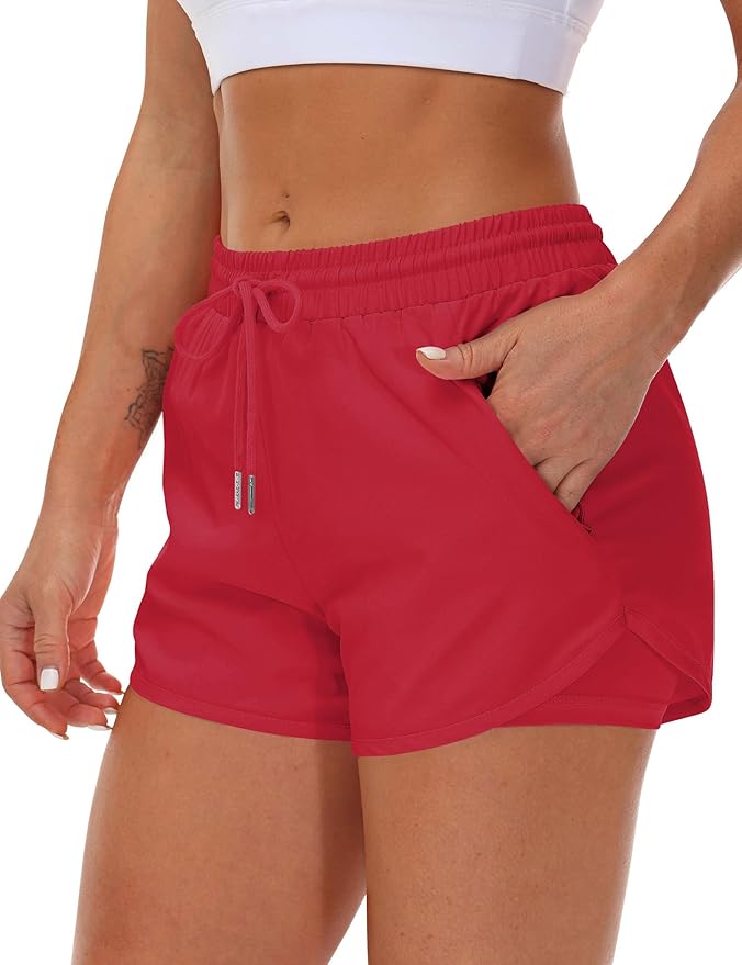 Mancreda Women's Running Shorts with Liner 3 Zipper Pockets Elastic Workout Athletic Gym Yoga Shorts