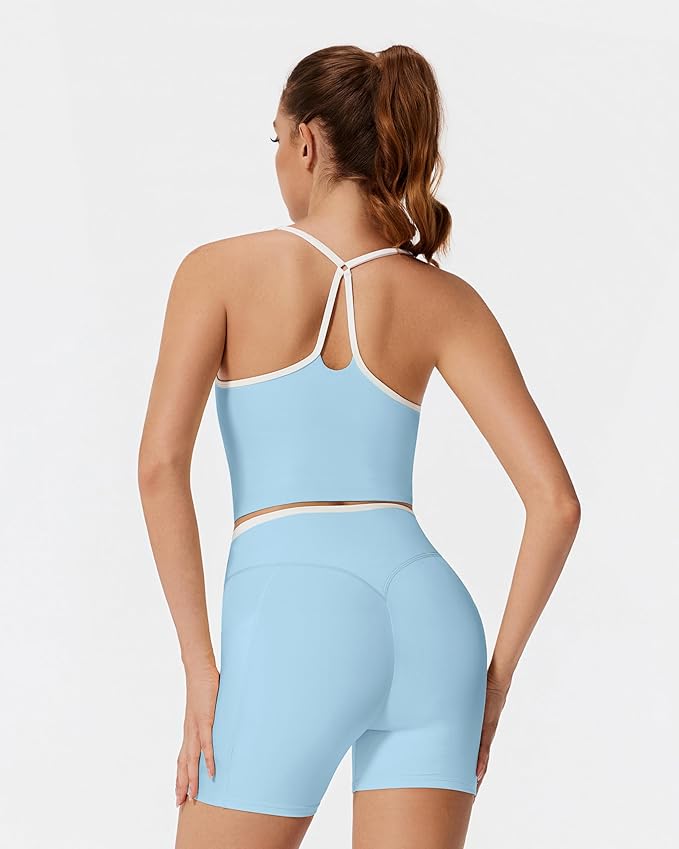 RXRXCOCO Color Block Workout Sets for Women 2 Piece Padded Strappy Tank Tops Hidden Scrunch Booty Shorts with Pockets