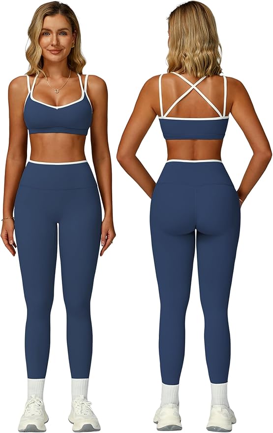 ABOCIW Two Piece Workout Sets for Women Color Block Strappy Sports Bra High Waist Leggings Yoga Pilates Outfits