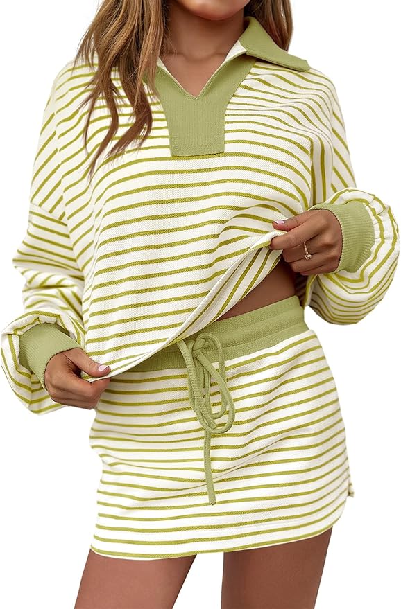 Fisoew Womens Striped 2 Piece Outfits Casual Sweatshirt Skirt Set Long Sleeve Skort Workout Set Matching Lounge Sets