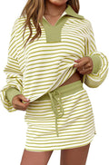 Fisoew Womens Striped 2 Piece Outfits Casual Sweatshirt Skirt Set Long Sleeve Skort Workout Set Matching Lounge Sets