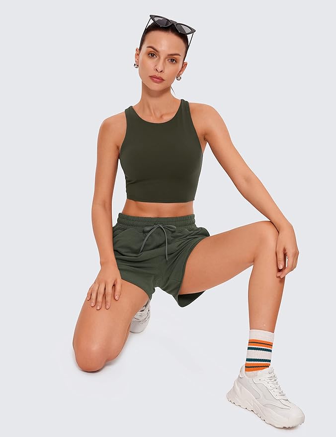 CRZ YOGA Butterluxe High Neck Crop Tank Tops for Women - Racerback Padded Longline Sports Bras Workout