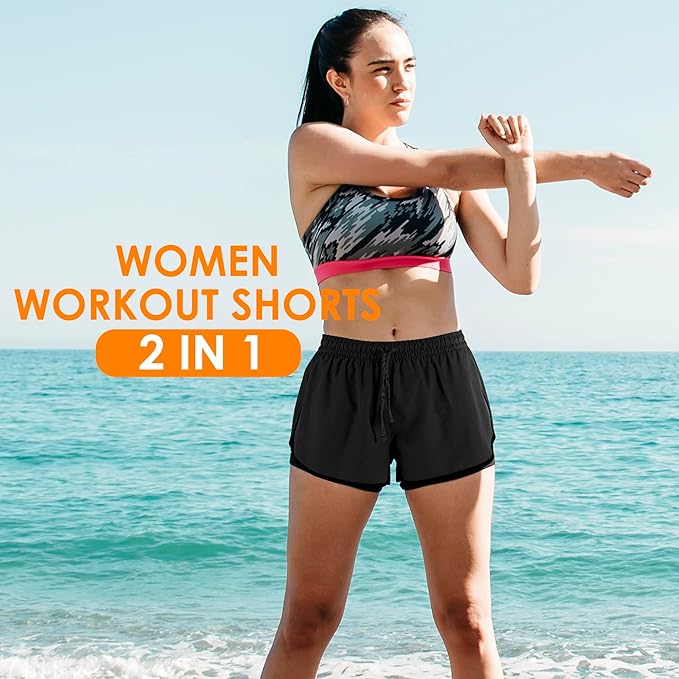 Yevrimow Women's 2 in 1 Running Shorts for Gym Yoga Workout Athletic Shorts High-Waisted Shorts with Liner Pockets