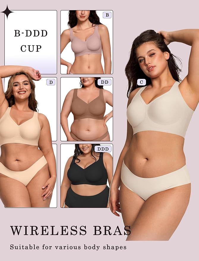 OEAK Womens Wireless Jelly Bra Plus Size Supportive Seamless Bras Full Coverage Push Up Comfortable No Underwire Tshirt Bras