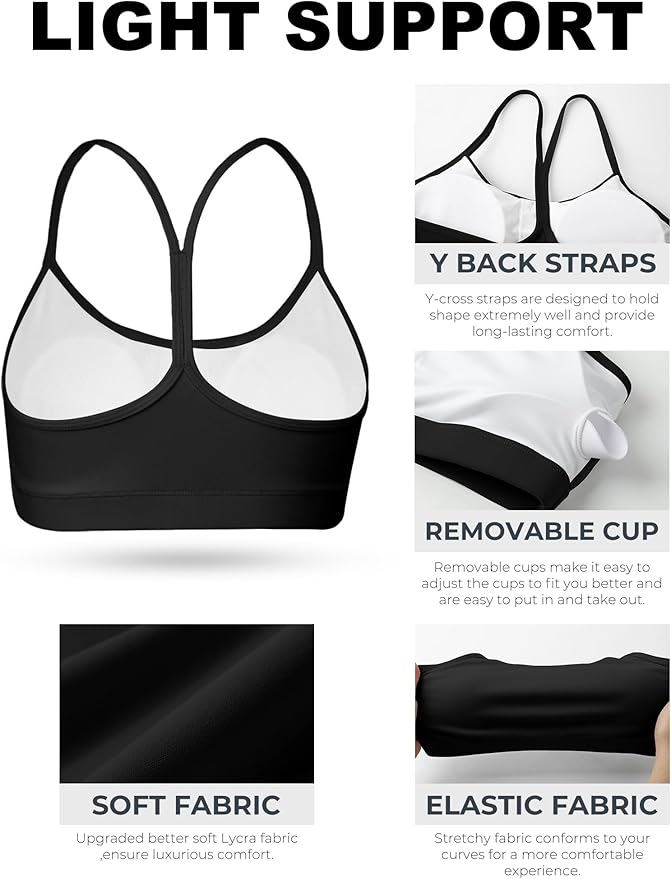 Buauty 2 Packs Y Back Sports Bra for Women, Low Impact Padded Racerback Spaghetti Strap Bras, Workout Yoga Tops