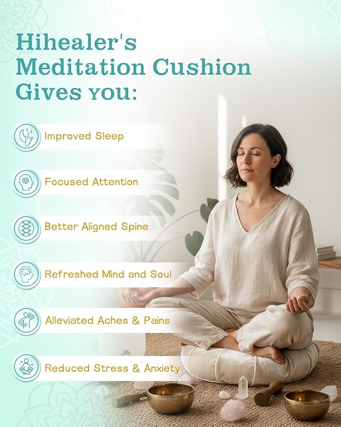 Hihealer Premium Meditation Cushion - Comfortable Floor Pillow for Adult Traditional Crescent Meditation Pillow Yoga Buckwheat Bolster (Cream)