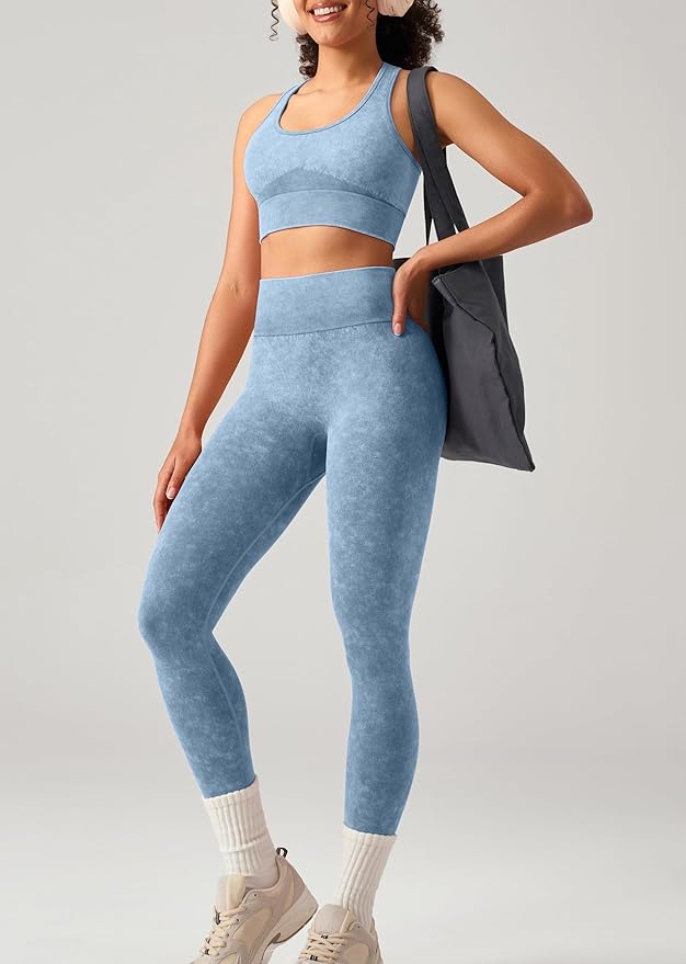 OLCHEE Womens Workout Sets 2 Piece - Acid Wash Seamless Yoga Outfits High Waist Leggings Padded Racerback Sports Bra Gym Set