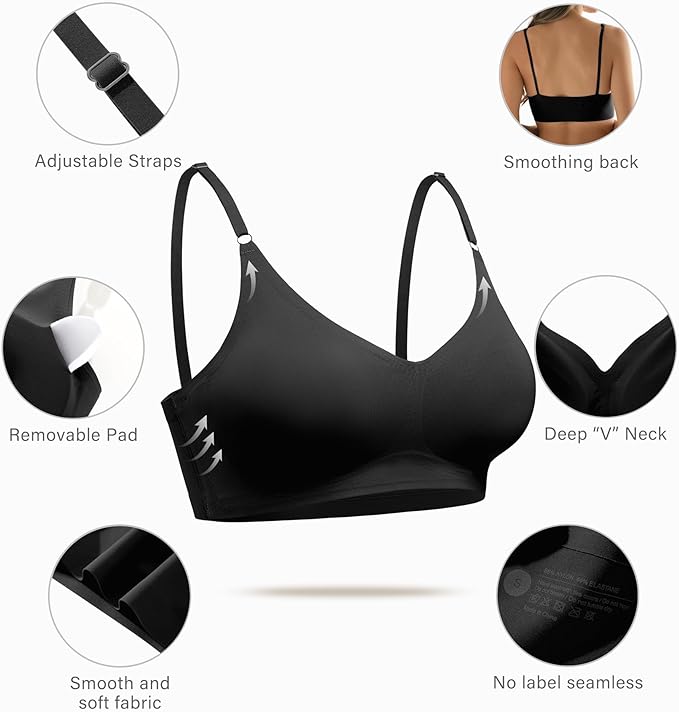 DEANGELMON V Neck Bra Padded Seamless Adjustable Straps Bralettes Everyday Basic Sleeping Bras Multiple Pack