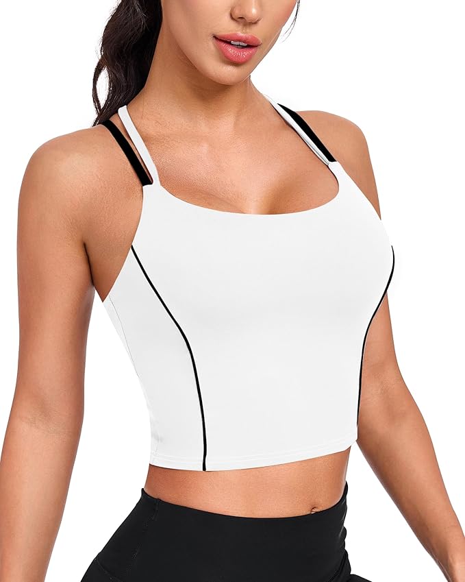 QUOJIZY Longline Sports Bras for Women Spaghetti Straps Tank Top with Built-in Bra Strappy Sports Bra for Yoga