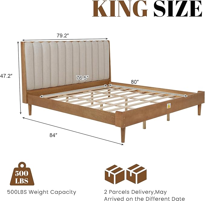 Wood King Size Bed Frame with Upholstered Tufted Headboard, Solid Wood Platform Bed,Mid-Century Style,No Box Spring Required, Easy Assembly,Wheat