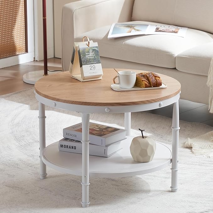 VINGLI 25.6" Natural White Round Farmhouse Coffee Table, 2-Tier Storage Wood Center Circle Accent Table for Living Room, Bedroom, Apartment, Studio and Small Spaces, Sturdy Metal Frame, Natural Color