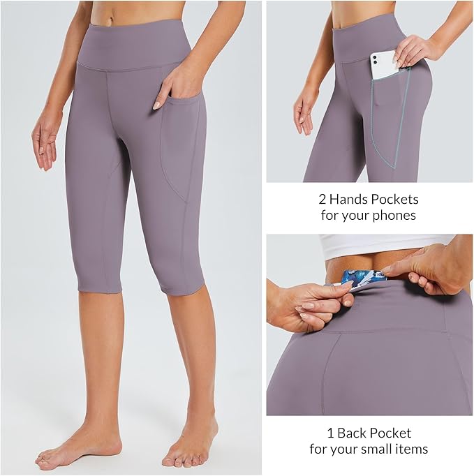 baleaf Women's Capri Leggings with Pockets High Waisted Knee Length Capris Stretch for Casual Yoga Pants Workout Exercise