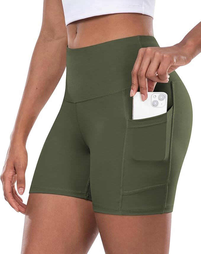 CHRLEISURE Womens Biker Yoga Shorts with Pocket, High Waisted Tummy Control 5 Inch Workout Spandex Athletic Gym Shorts