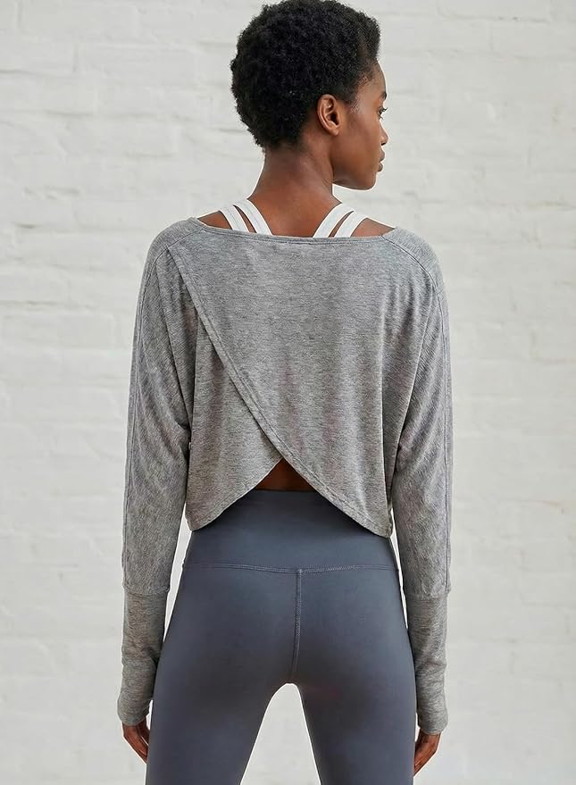 Sanutch Women’s Split Back Long Sleeve Crop Yoga Top – Soft Breathable Boat Neck Athleisure Tee for Everyday Wear