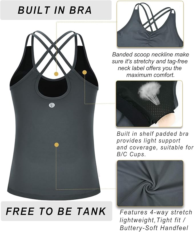 RUNNING GIRL Yoga Tank Tops for Women Built in Shelf Bra B/C Cups Strappy Back Activewear Workout Compression Tops