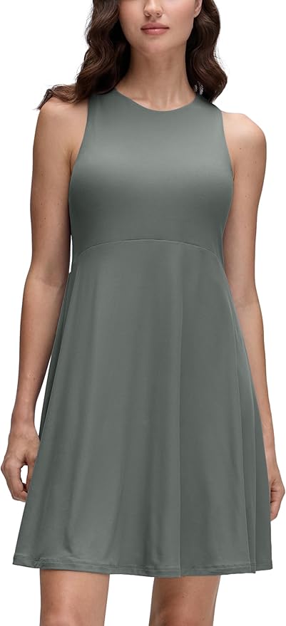 CRZ YOGA Cloudweight Double Layer Midi Dress for Women - Crewneck Flowy Tank Top Sleeveless Outfits for Casual Travel