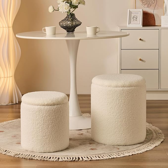 BLEXA Round Ottoman with Storage Set of 2-Upholstered Sherpa Vanity Stool for Makeup Multifunctional Ottomans Coffee Table Padded Seat Foot Rest for LivingRoom&Bedroom(Sherpa White)