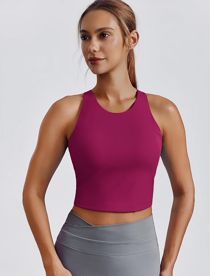 PINSPARK Women Sports Bra High Neck Racerback Workout Crop Tank Top Longline Padded Yoga Tops with Built in Pads