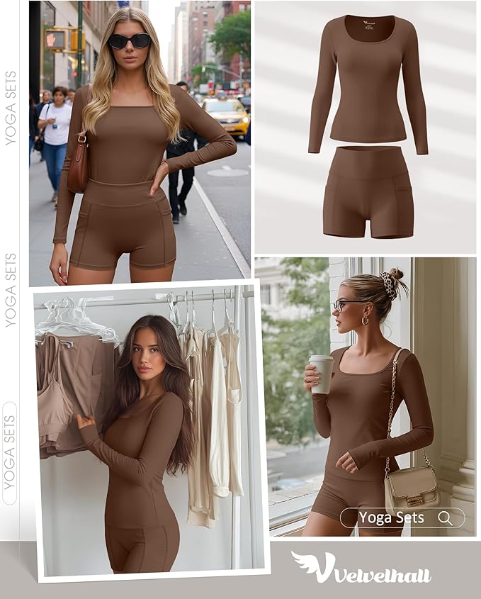 Women Workout Sets 2 Piece Yoga Square Neck Long Sleeve Top Athletic Seamless Short Pockets Sport Gym Run Outfits