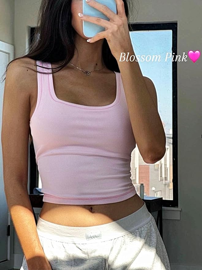 Danysu Women Rib Tank Top Padded Workout Top Square Neck Crop Tank Fitted Basic Cami Tops