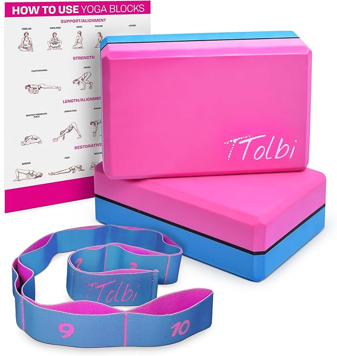 Yoga Blocks 2 Pack with Strap & Guide – Non-Slip EVA Foam Pilates Blocks for Home Workouts, Dance, Ballet, Gymnastics & Stretching Exercise | Ideal Dancer Gifts
