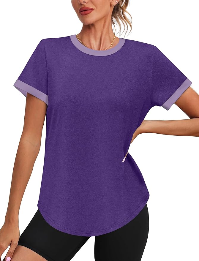 Womens Workout Tops Summer Short Sleeve Shirts Athletic Color Block Gym Clothes Outfits Sun Protection UPF 50+ T Shirts