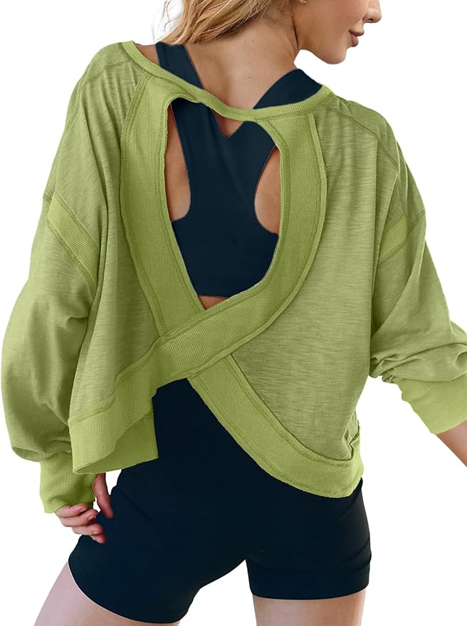 UNIANKIYA Open Back Workout Tops for Women Long Sleeve Cropped Athletic Clothes Gym Running Yoga Low Impact Sports T Shirts