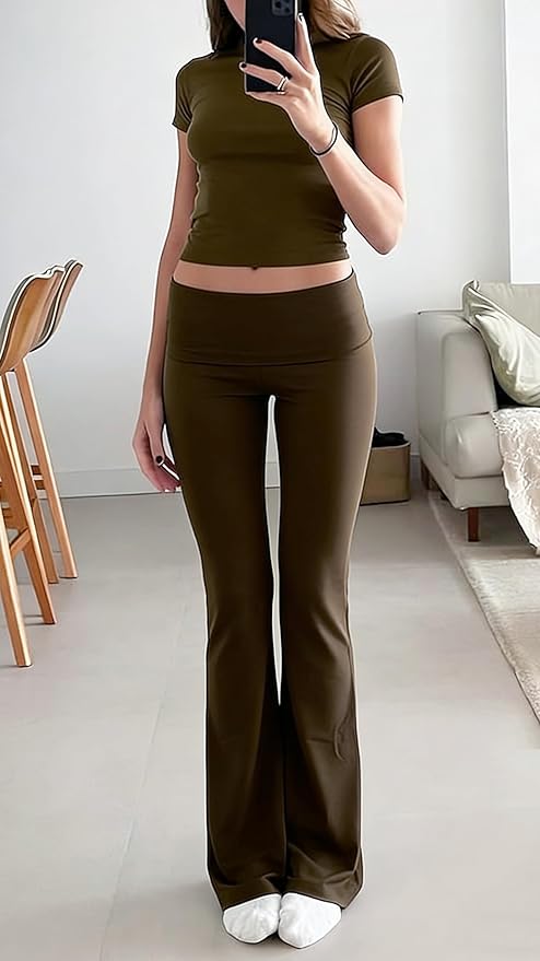 YETOWA Women's 2 Piece Lounge Outfits Slim Short Sleeve Tops Low Rise Flare Leggings Sets Yoga Sweatsuit