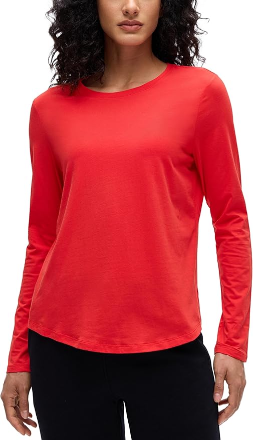 CRZ YOGA Pima Cotton Crewneck Long Sleeve Shirts for Women - Workout Athletic Yoga Casual Tops Soft Plain T-Shirt