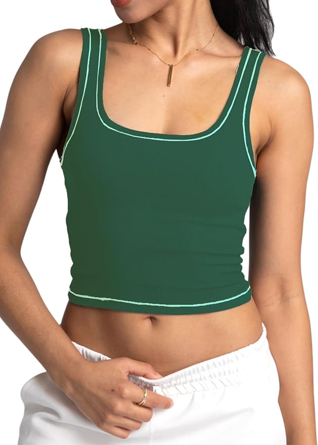 Danysu Women Rib Tank Top Padded Workout Top Square Neck Crop Tank Fitted Basic Cami Tops