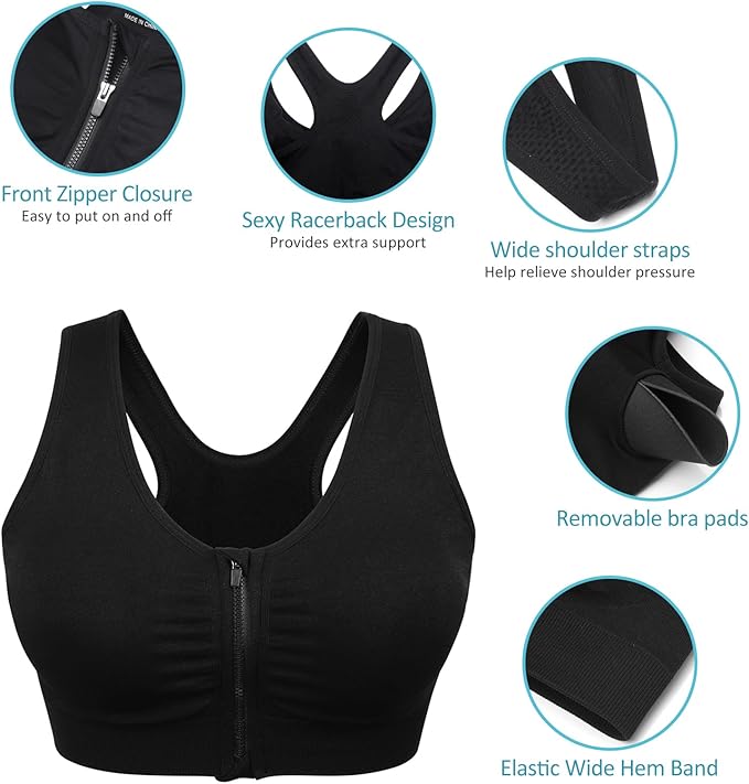 Women's Zip Front Sports Bra Wireless Post-Surgery Bra Active Yoga Sports Bras