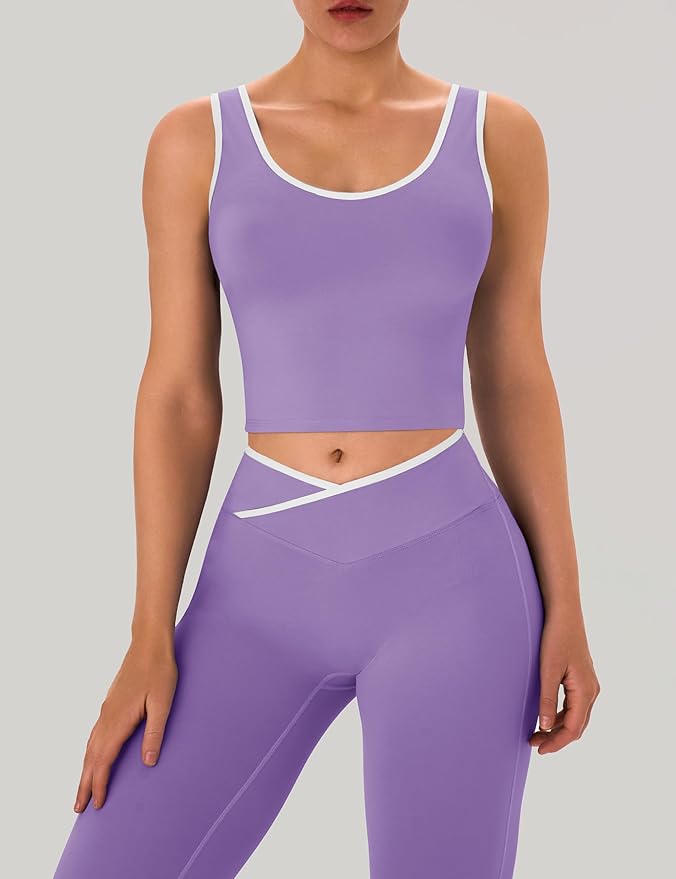 OLCHEE Womens Workout Sets 2 Piece Gym Yoga Outfits Crossover Flare Leggings Crop Tank Top with Contrast Trim