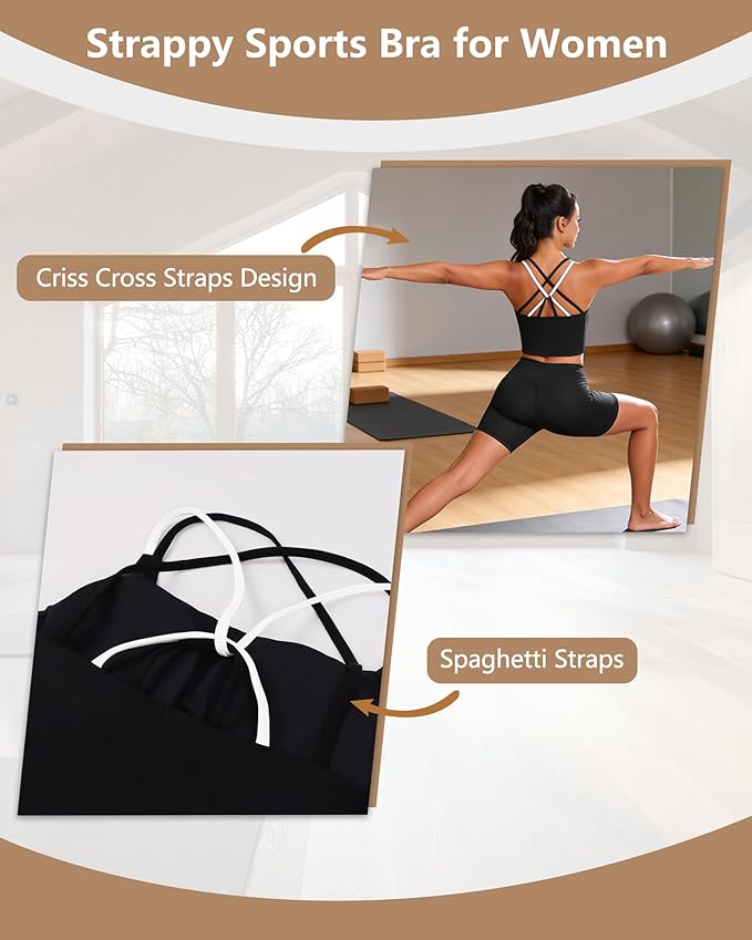 QUOJIZY Longline Sports Bras for Women Spaghetti Straps Tank Top with Built-in Bra Strappy Sports Bra for Yoga