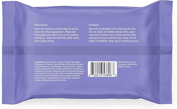 ASUTRA Yoga Mat Cleaning Wipes (Lovely Lavender), 1 Pouch (30 Wipes) - No Slippery Residue, Deep-Cleansing for Fitness Gear & Gym Equipment