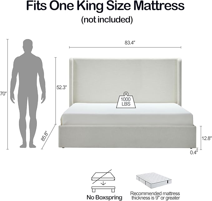 King Size Upholstered Platform Bed Frame, Tall Headboard Carmen Wingback Beds, 52.3" High Headboard Floor Bed Frames, No Box Spring Needed No Noise, Minimalist, Textured Ivory Canvas
