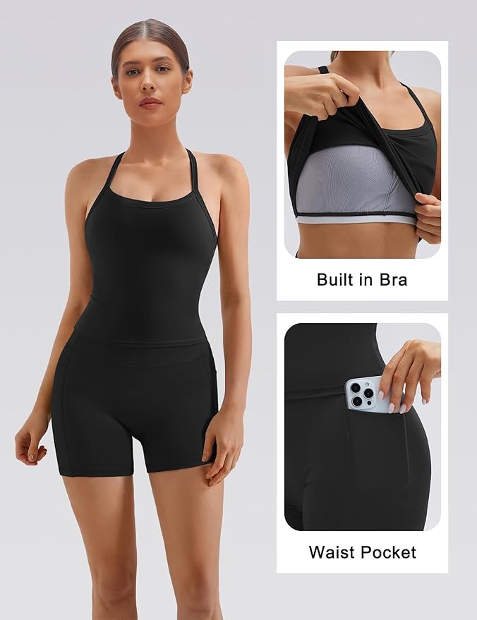SUUKSESS Women 2 Piece Workout Sets High Waisted Biker Shorts with Pockets Built in bra Racerback Tank Tops