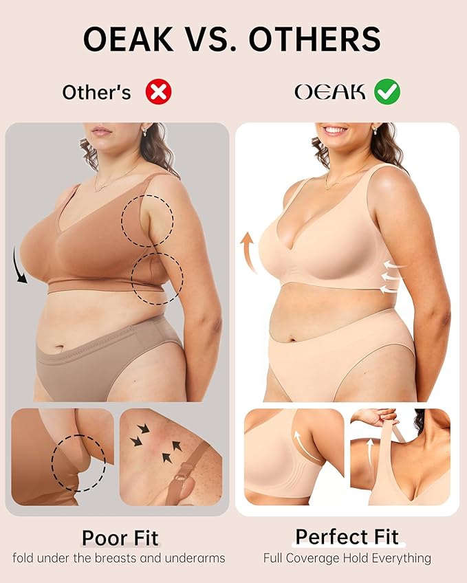 OEAK Womens Deep V Bras Wireless Comfortable Bra Supportive No Underwire Bras Tshirt Push Up Bralettes Plunge Seamless Bra