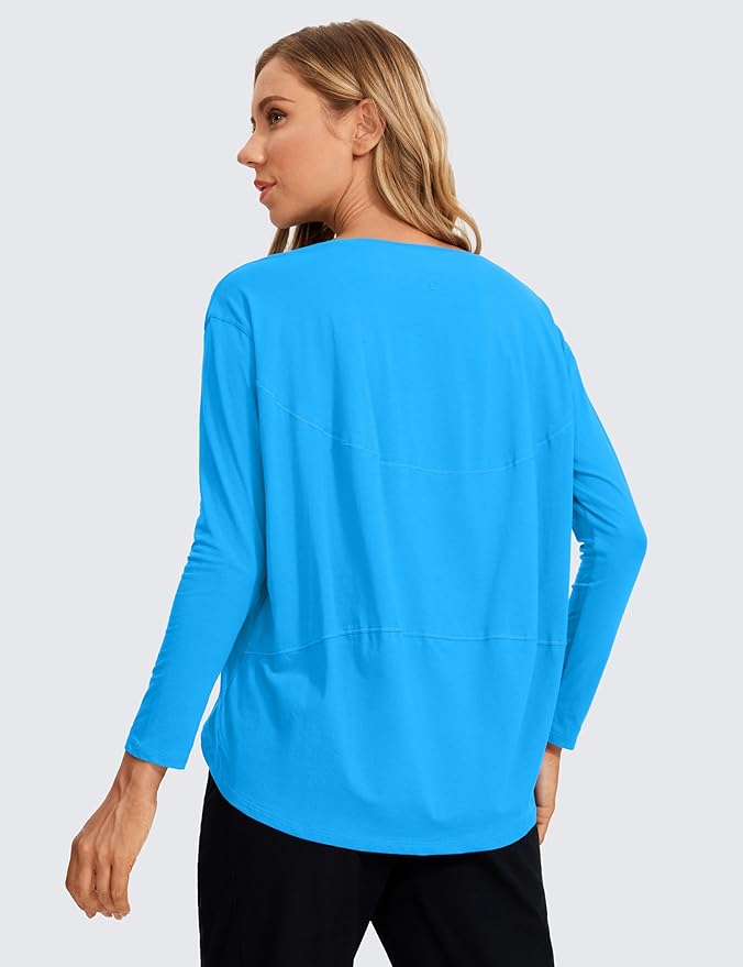 CRZ YOGA Pima Cotton Boat Neck Long Sleeve Shirts for Women - Workout Athletic Yoga Casual Tops Loose Fit Fall T-Shirts