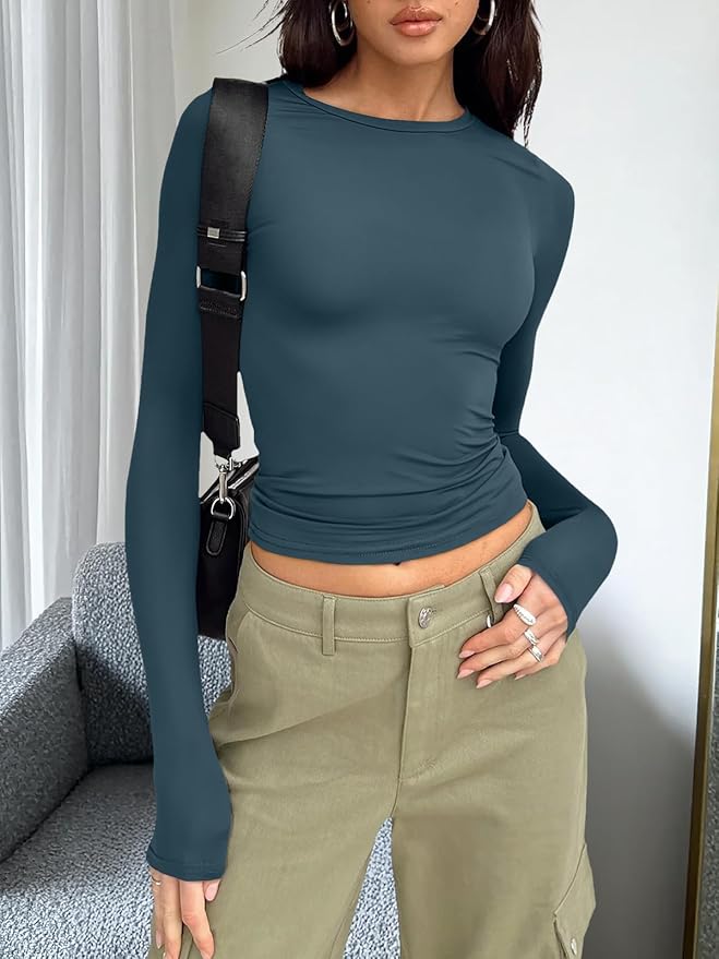 Trendy Queen Womens Long Sleeve T Shirts Fall Fashion 2026 Basic Crop Tops Going Out Outfits Y2k Clothes