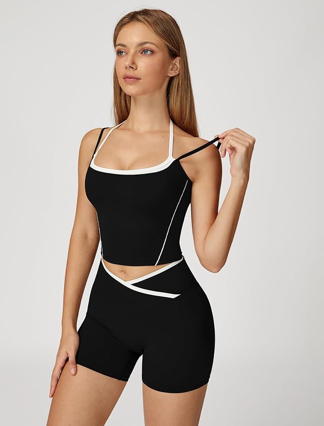 ABOCIW Workout Sets for Women 2 Piece Color Block Layered Cropped Tank Top Crossover High Waist Biker Shorts Gym Sets